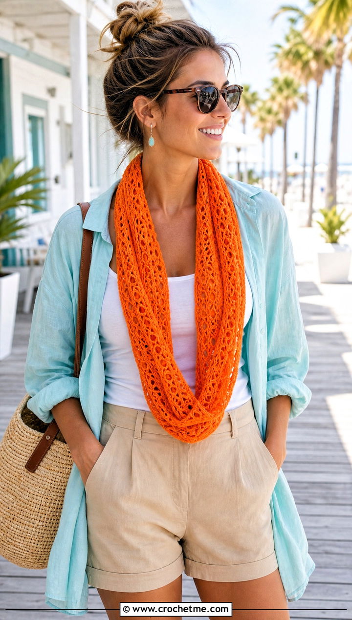 Lace Mesh Crochet Infinity Scarf With Beach Shirt And Shorts - 30 crochet infinity scarves outfit ideas