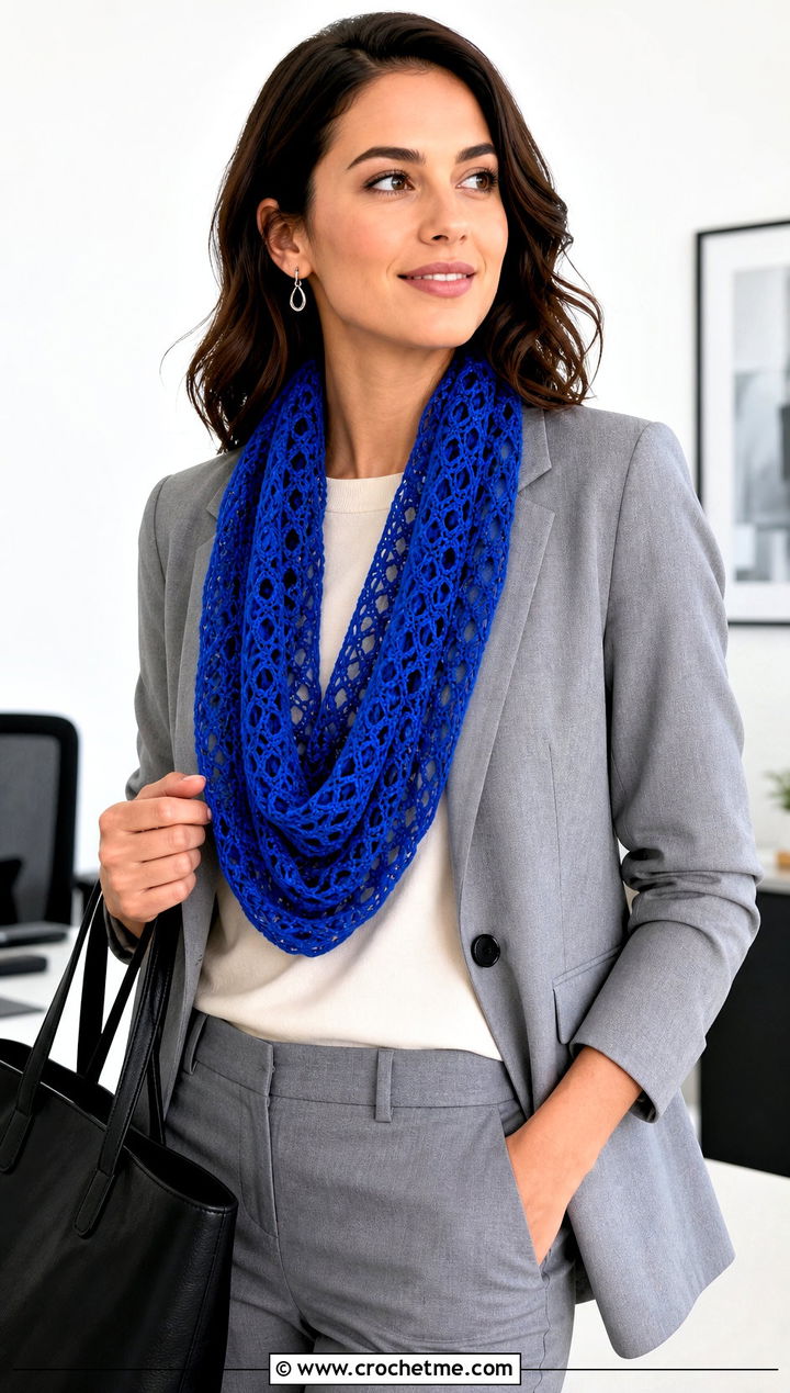 Lace Mesh Crochet Infinity Scarf With Blazer - 25 infinite crochet scarf outfit ideas