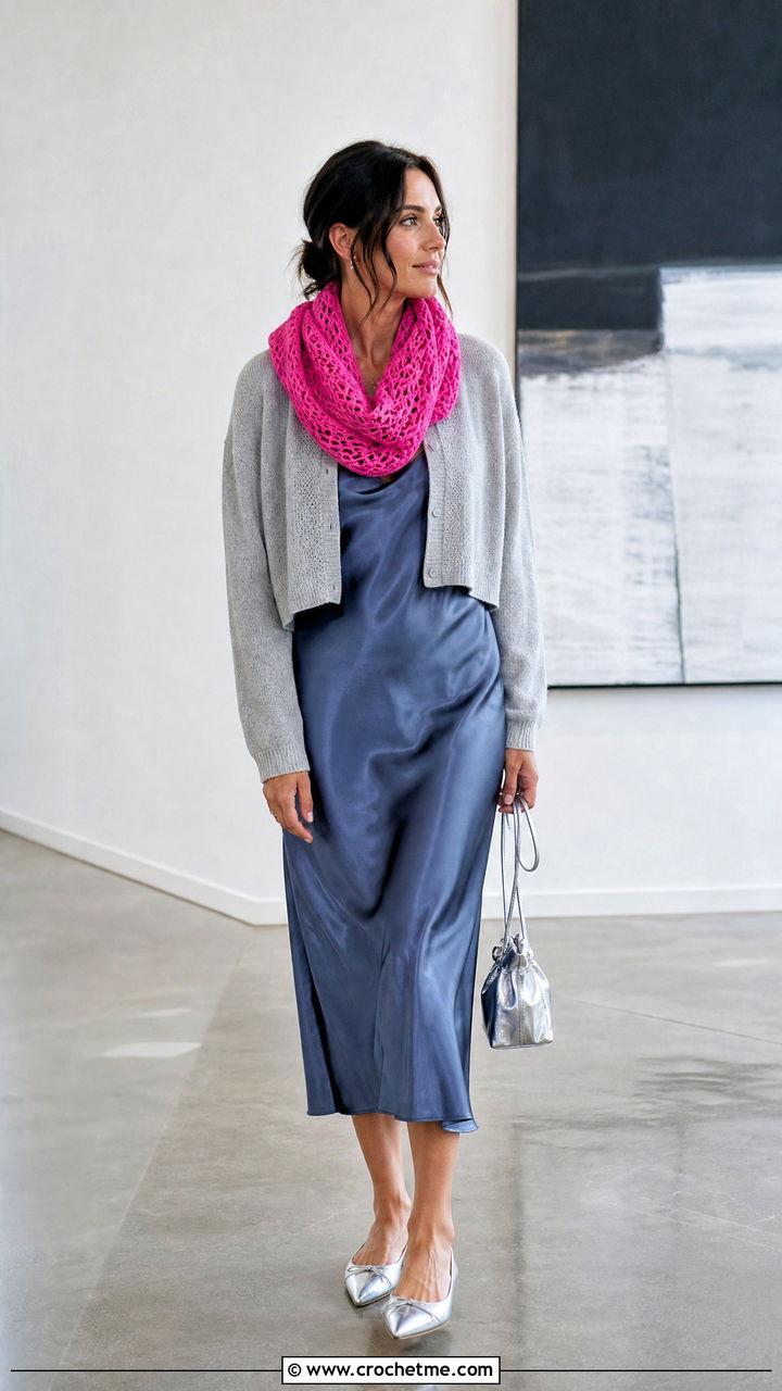 Lace Mesh Crochet Infinity Scarf With Slip Dress - 35 crochet infinity scarf outfit ideas