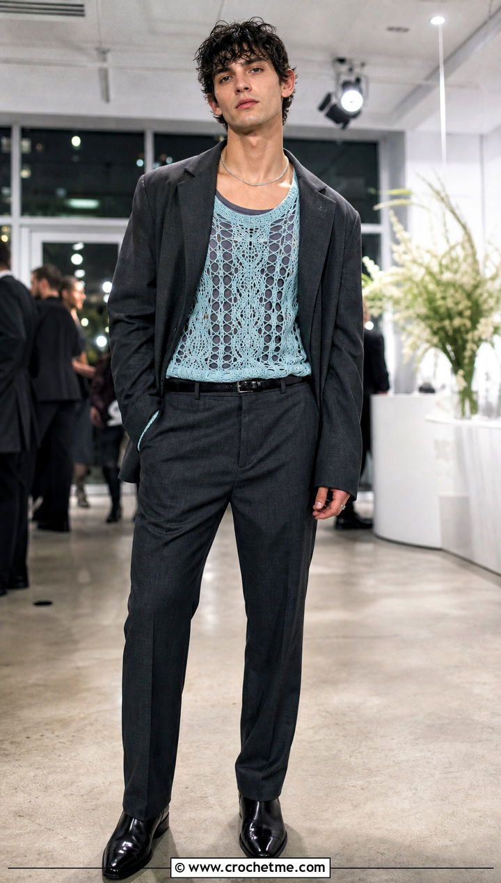 Lace Mesh Crochet Jumper With A Monochrome Suit - 25 mens crochet jumper outfit ideas