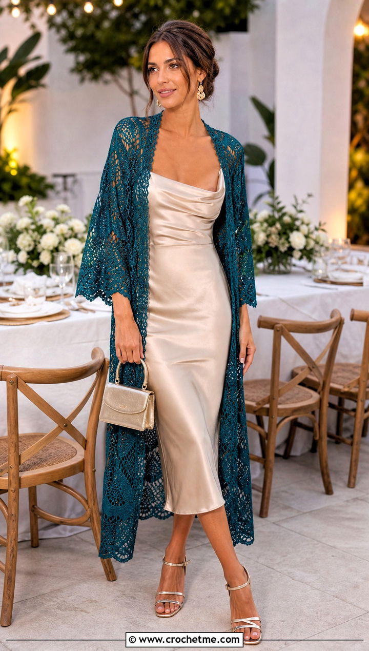 Lace Mesh Crochet Kimono With Slip Dress And Sandals - 30 Boho Crochet Kimono outfit ideas