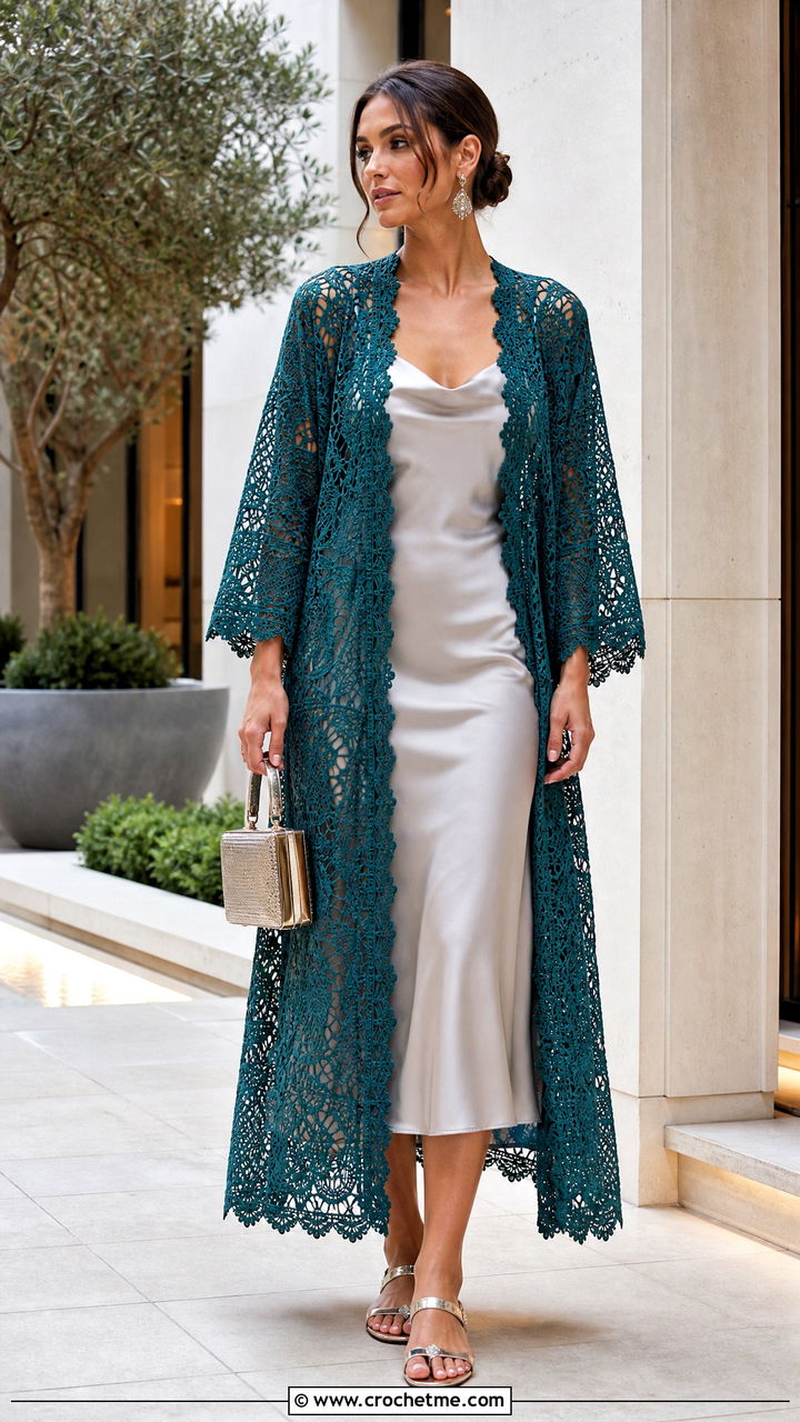 Lace Mesh Crochet Kimono With Slip Dress - 35 crochet kimono outfit ideas
