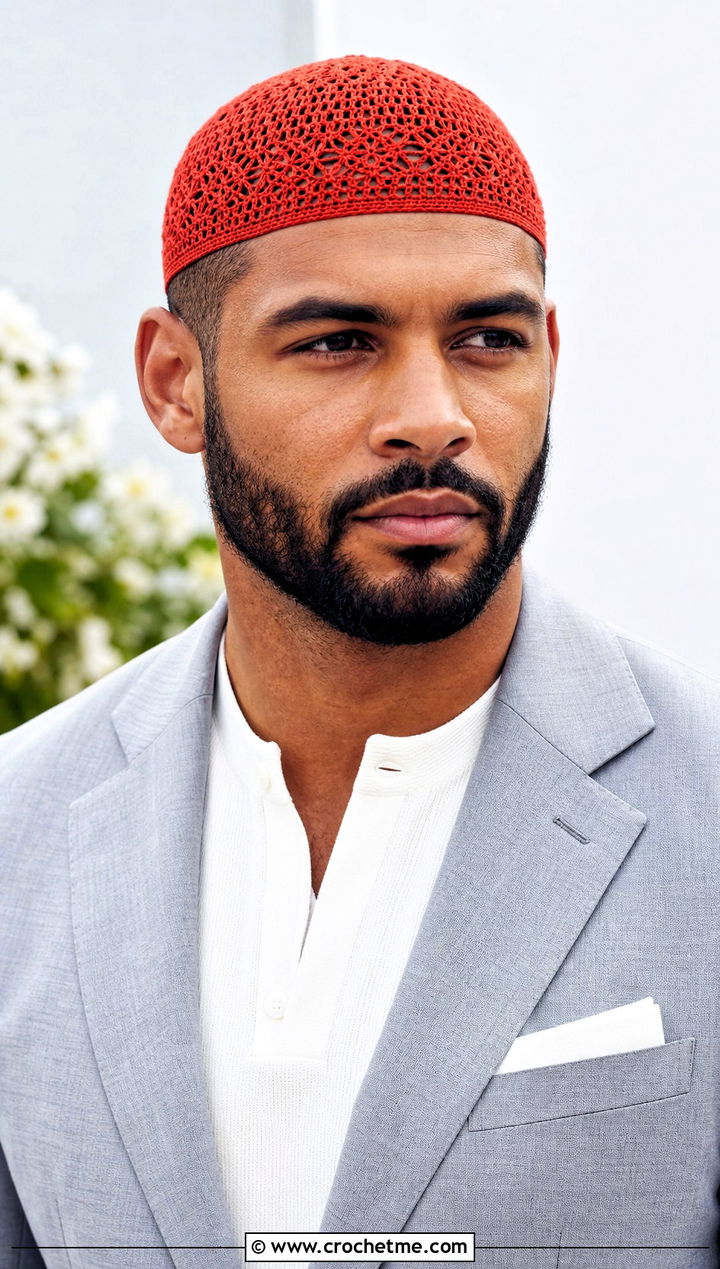 Lace Mesh Crochet Kufi Cap With Tonal Summer Suit - 30 men's crochet hats outfit ideas