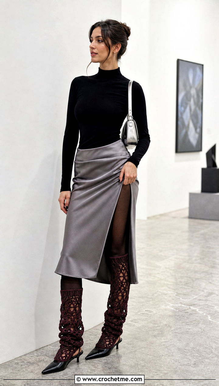 Lace Mesh Crochet Leg Warmers With Satin Midi Skirt - 25 diy crochet leg warmers outfit ideas