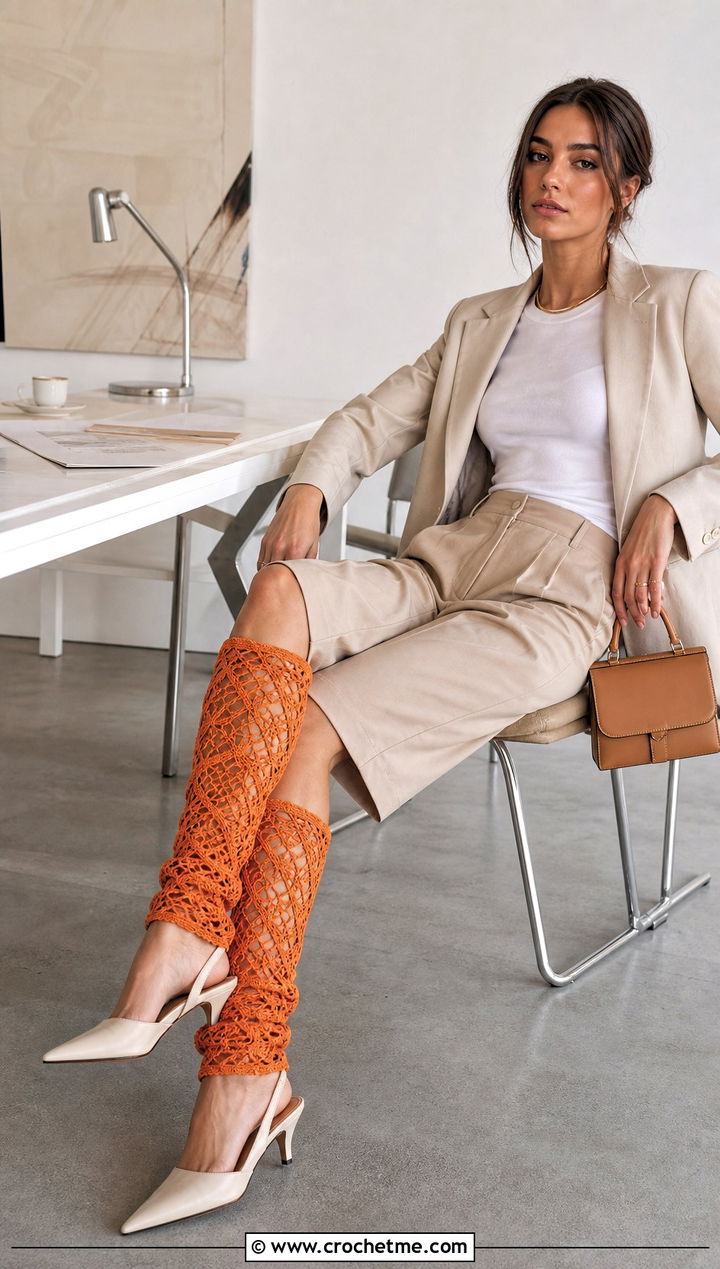Lace Mesh Crochet Leg Warmers With Tailored Shorts And Blazer - 30 cute crochet leg warmers outfit ideas
