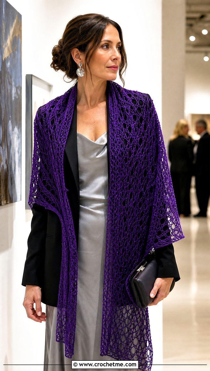 Lace Mesh Crochet Long Scarf With Satin Dress And Heels - 25 Crochet Long Scarf outfit ideas