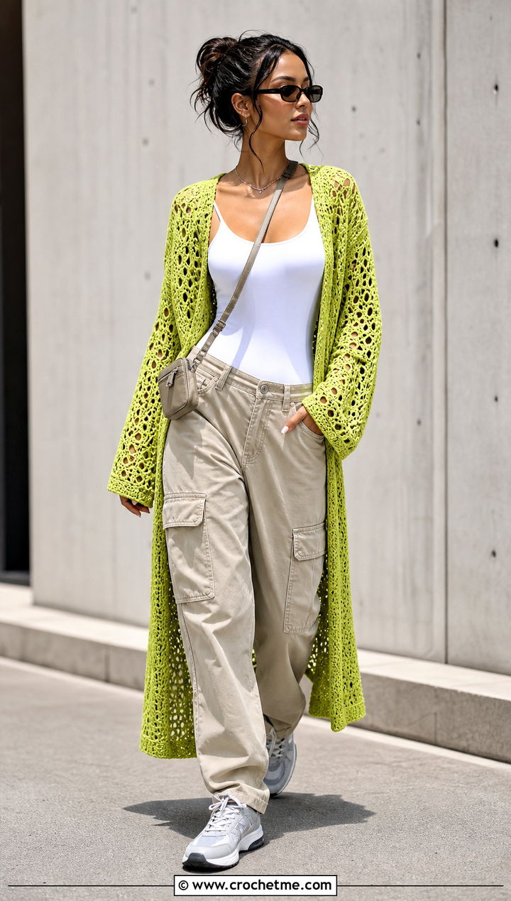 Lace Mesh Crochet Long Sweater With Cargo Pants - 35 crochet long sweater outfit ideas