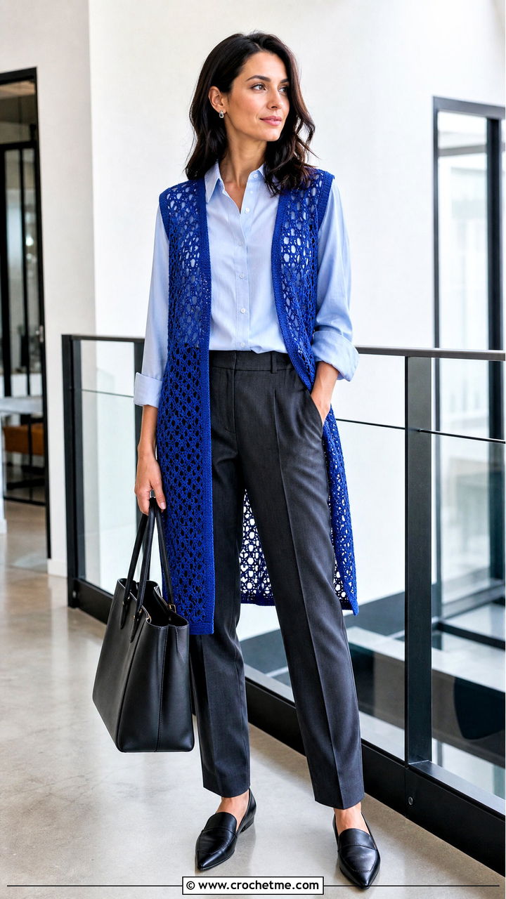 Lace Mesh Crochet Long Vest With Tailored Trousers - 35 Crochet Long Vest outfit ideas