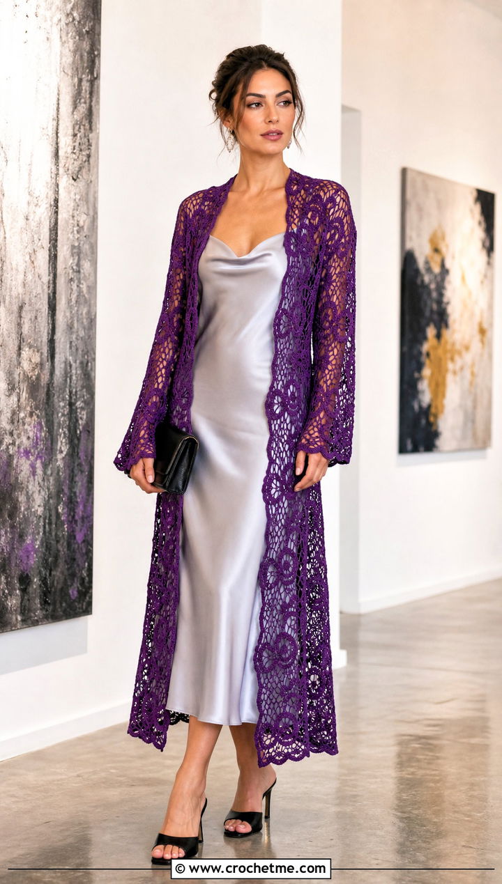 Lace Mesh Crochet Longline Cardigan With Slip Dress - 20 Crochet Longline Cardigan outfit ideas