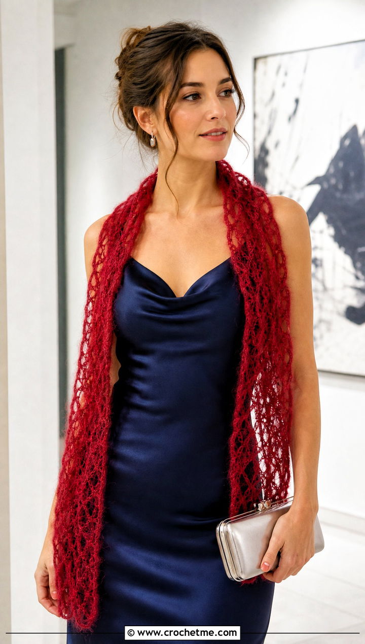 Lace Mesh Crochet Mohair Scarf With Slip Dress - 30 crochet mohair scarf outfit ideas
