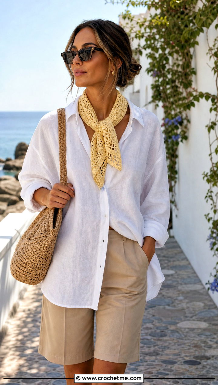 Lace Mesh Crochet Mood Scarf With Linen Shirt And Bermuda Shorts - 15 Crochet Mood Scarf outfit ideas