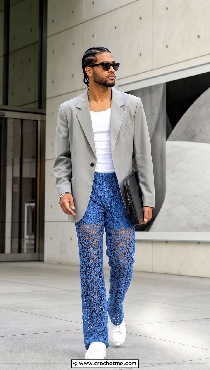 Lace Mesh Crochet Pants With Oversized Blazer - 30 mens crochet pants outfit ideas