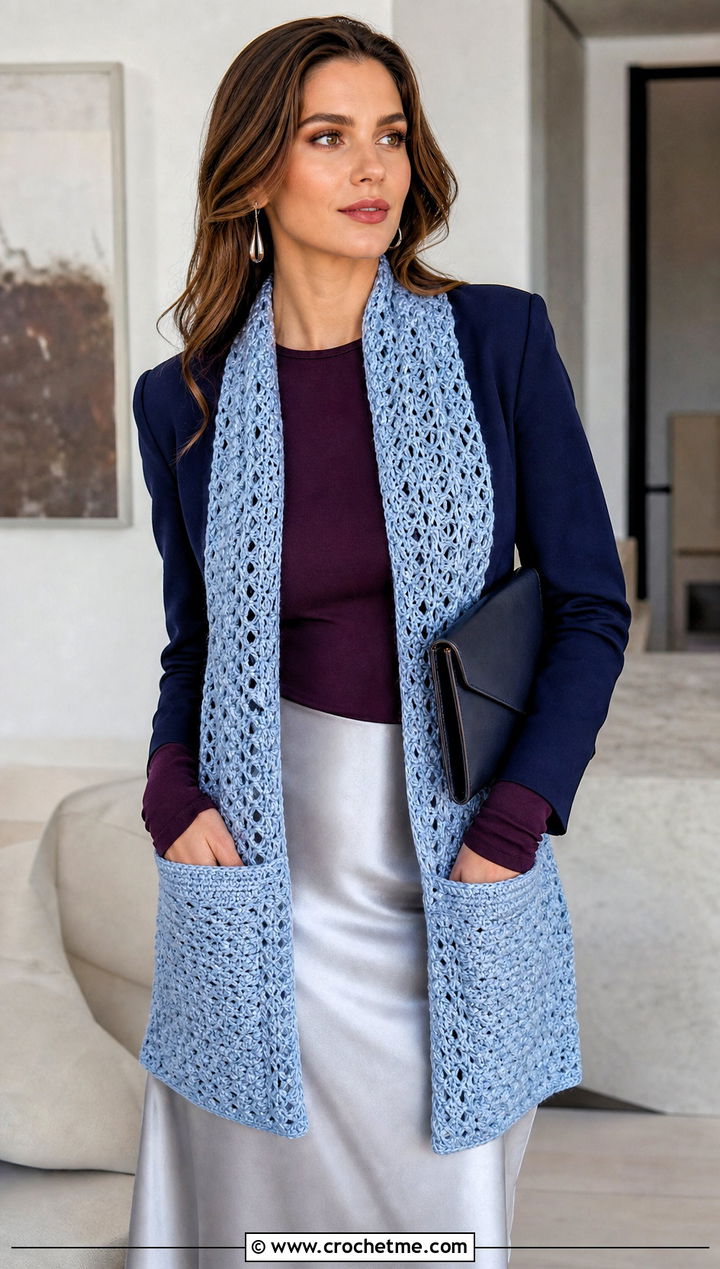 Lace Mesh Crochet Pocket Scarf With Satin Skirt - 15 Crochet Scarf With Hand Pockets outfit ideas