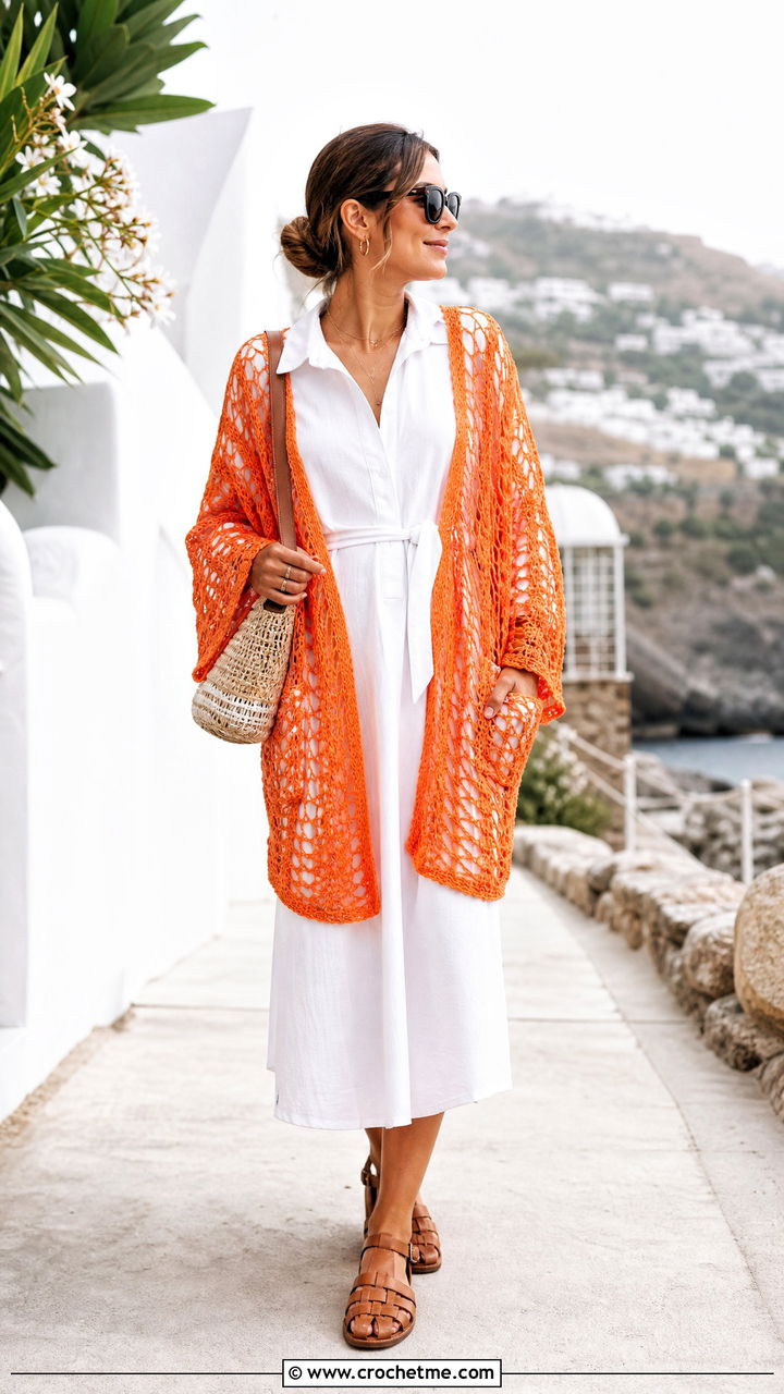 Lace Mesh Crochet Pocket Shawl With White Shirt Dress - 35 crochet pocket shawl outfit ideas