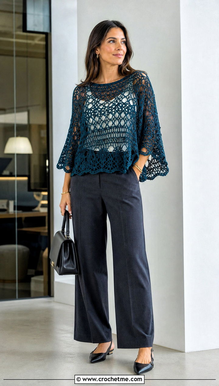 Lace Mesh Crochet Poncho Top With Tailored Trousers - 25 Crochet Poncho Top outfit ideas