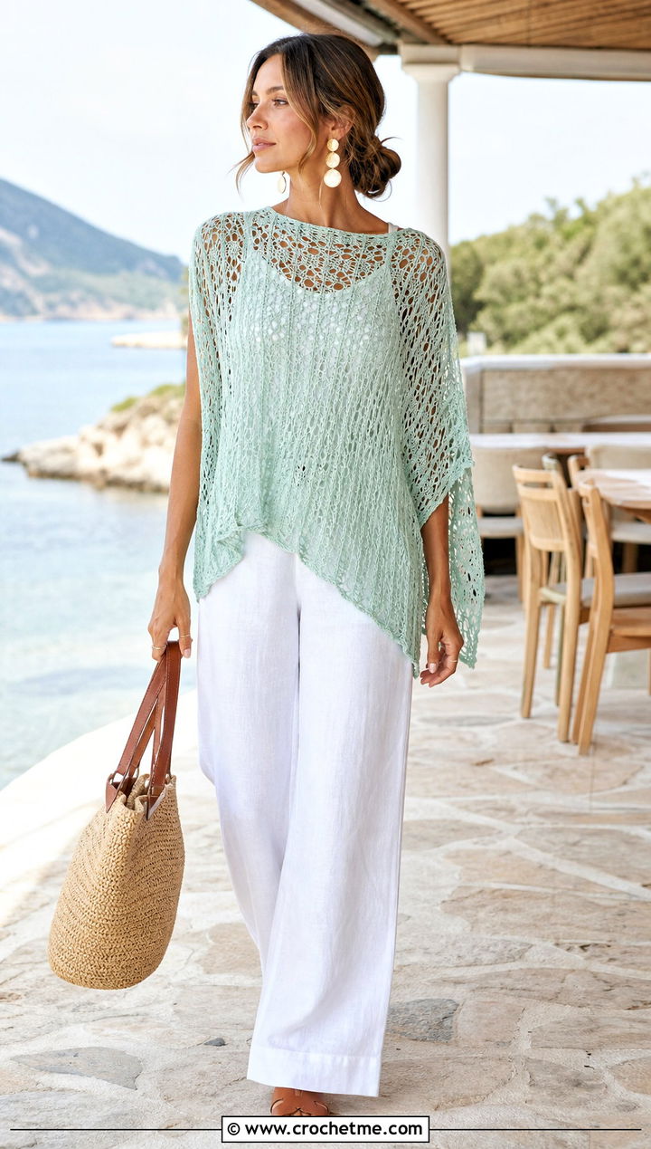 Lace Mesh Crochet Poncho With Linen Pants - 25 Simple Crochet Poncho outfit ideas