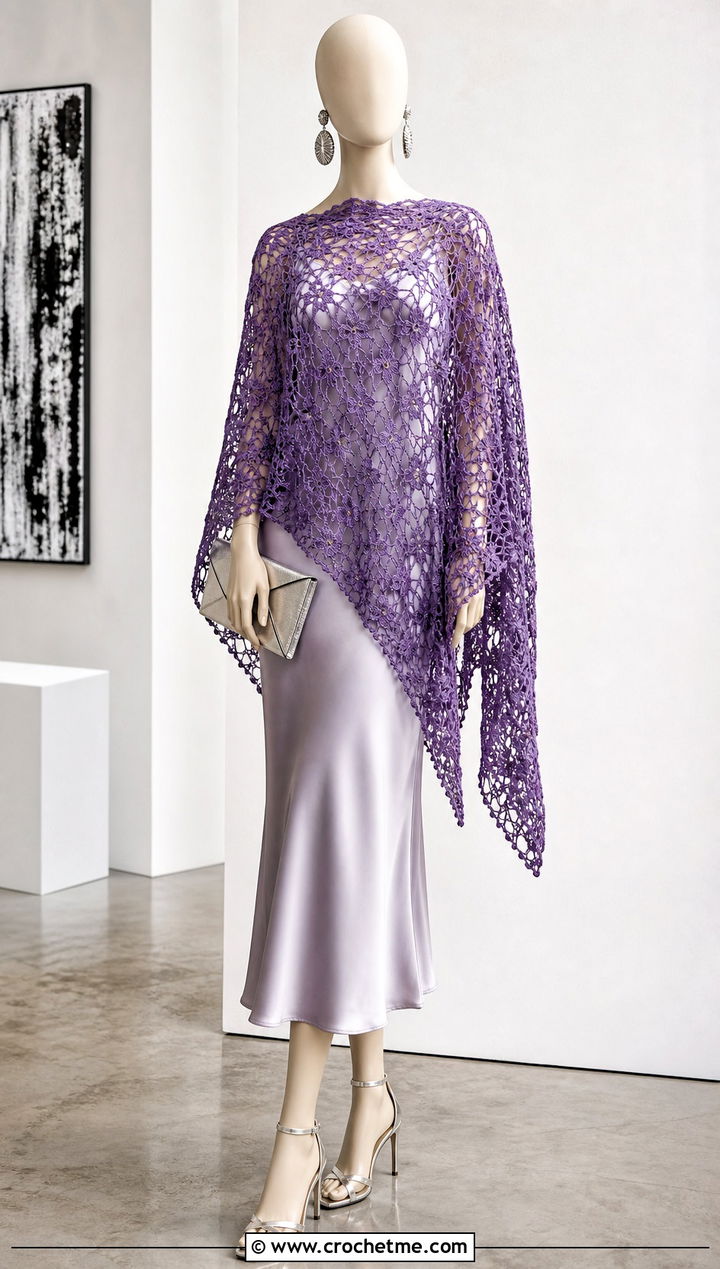 Lace Mesh Crochet Poncho With Satin Slip Dress - 15 crochet poncho on mannequin outfit ideas