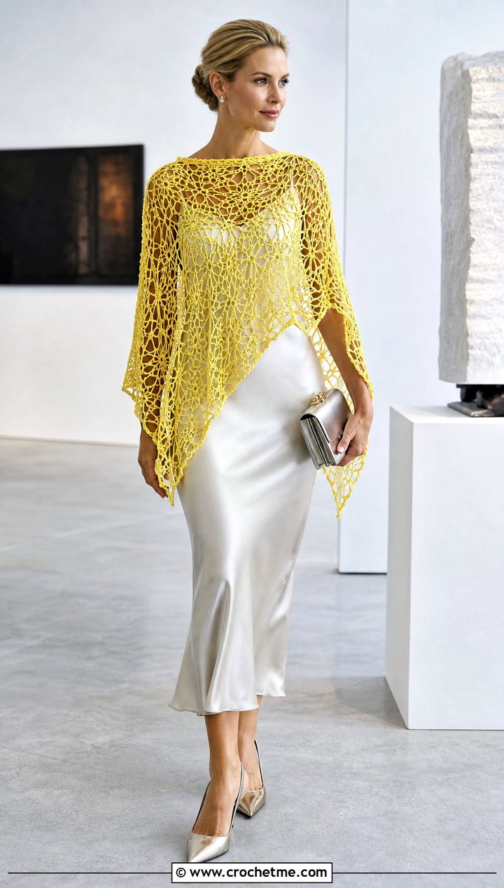 Lace Mesh Crochet Poncho With Satin Slip Dress - 20 crochet poncho for women outfit ideas