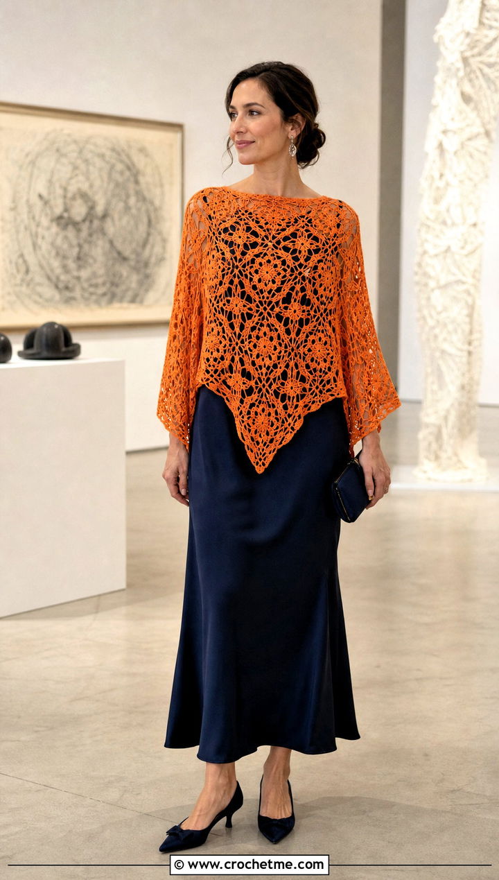 Lace Mesh Crochet Poncho With Satin Slip Dress - 25 Mesh Crochet Poncho outfit ideas
