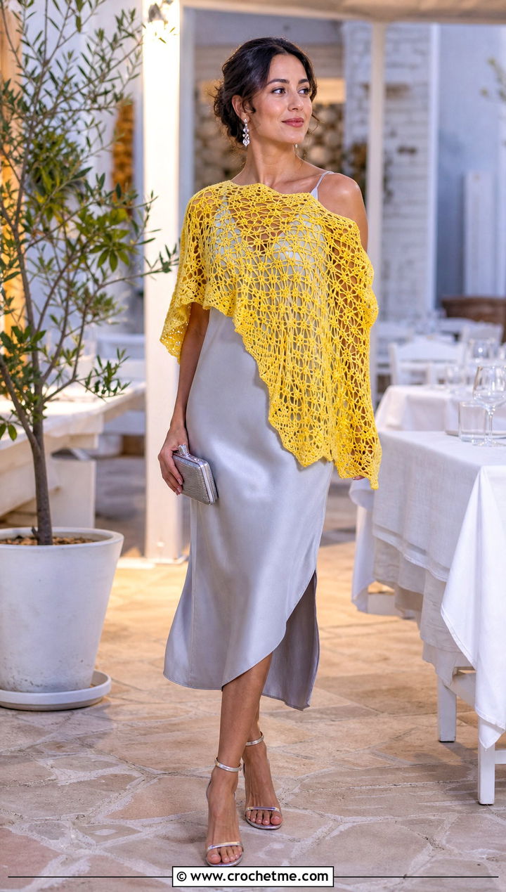Lace Mesh Crochet Poncho With Slip Dress - 15 Crochet Womens Poncho outfit ideas