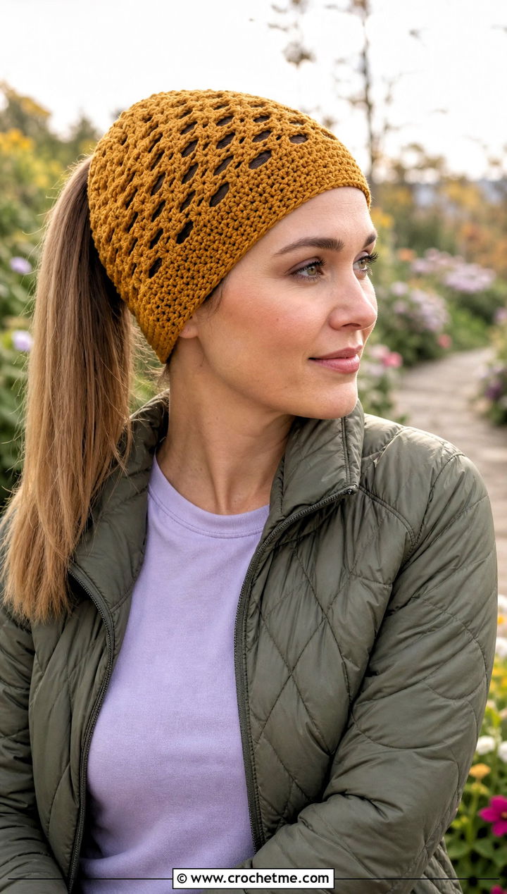 Lace Mesh Crochet Ponytail Beanie With Quilted Jacket - 20 Crochet Ponytail Beanie outfit ideas