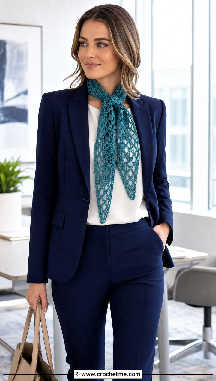 Lace Mesh Crochet Sally Scarf With Blazer And Trousers - 20 Crochet Sally Scarf outfit ideas