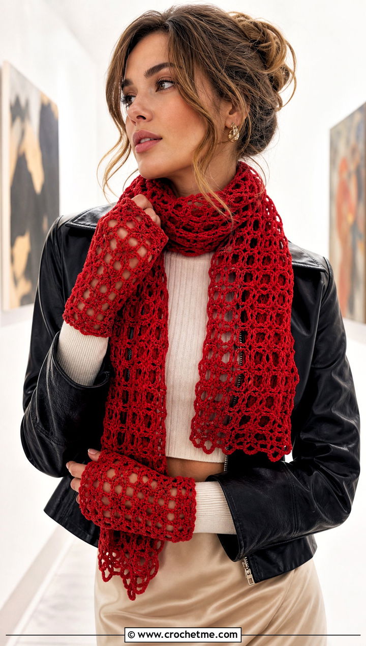 Lace Mesh Crochet Scarf And Wrist Length Mittens With Satin Skirt - 15 Crochet Scarf And Mittens Set outfit ideas