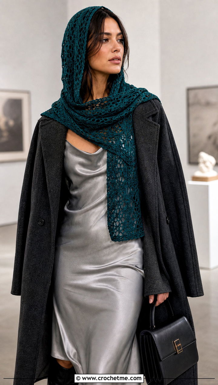 Lace Mesh Crochet Scarf Hood With Slip Dress - 30 crochet scarf hood outfit ideas