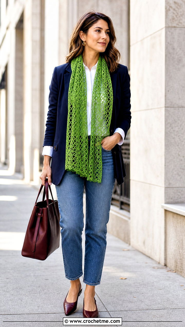 Lace Mesh Crochet Scarf With Blazer And Jeans - 35 fall crochet scarf outfit ideas