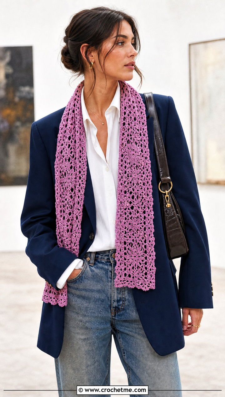 Lace Mesh Crochet Scarf With Blazer And Jeans - 30 autumn crochet scarf outfit ideas