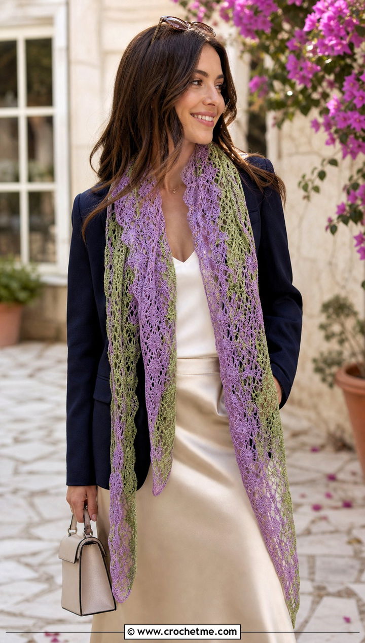 Lace Mesh Crochet Scarf With Blazer And Midi Skirt - 30 2 color crochet scarf outfit ideas