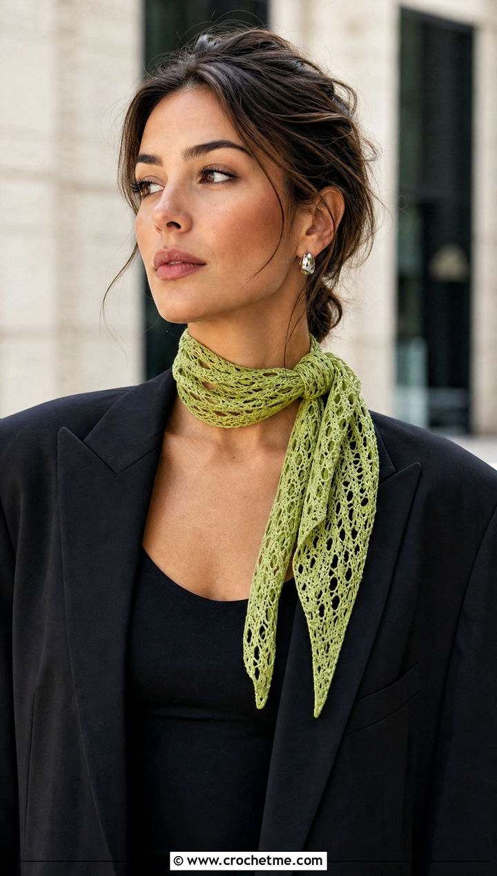 Lace Mesh Crochet Scarf With Blazer And Mini Skirt - 25 Tiny Crochet Scarf outfit ideas