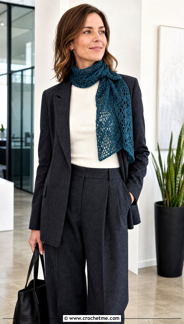 Lace Mesh Crochet Scarf With Blazer And Trousers - 15 Dainty Crochet Scarf outfit ideas