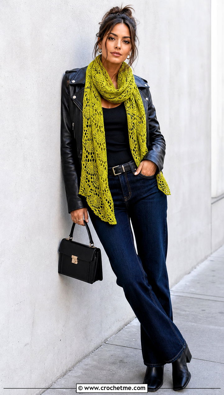 Lace Mesh Crochet Scarf With Leather Jacket - 15 unusual crochet scarf outfit ideas