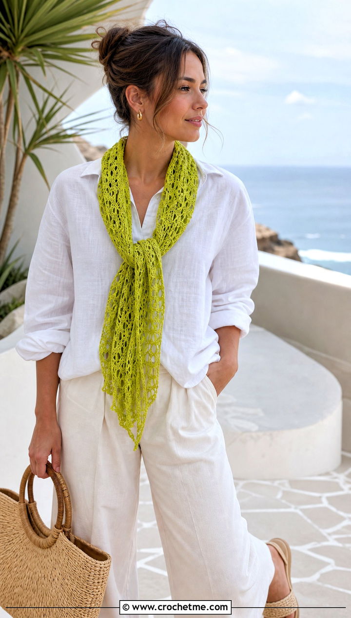 Lace Mesh Crochet Scarf With Linen Set - 25 boho crochet scarf outfit ideas