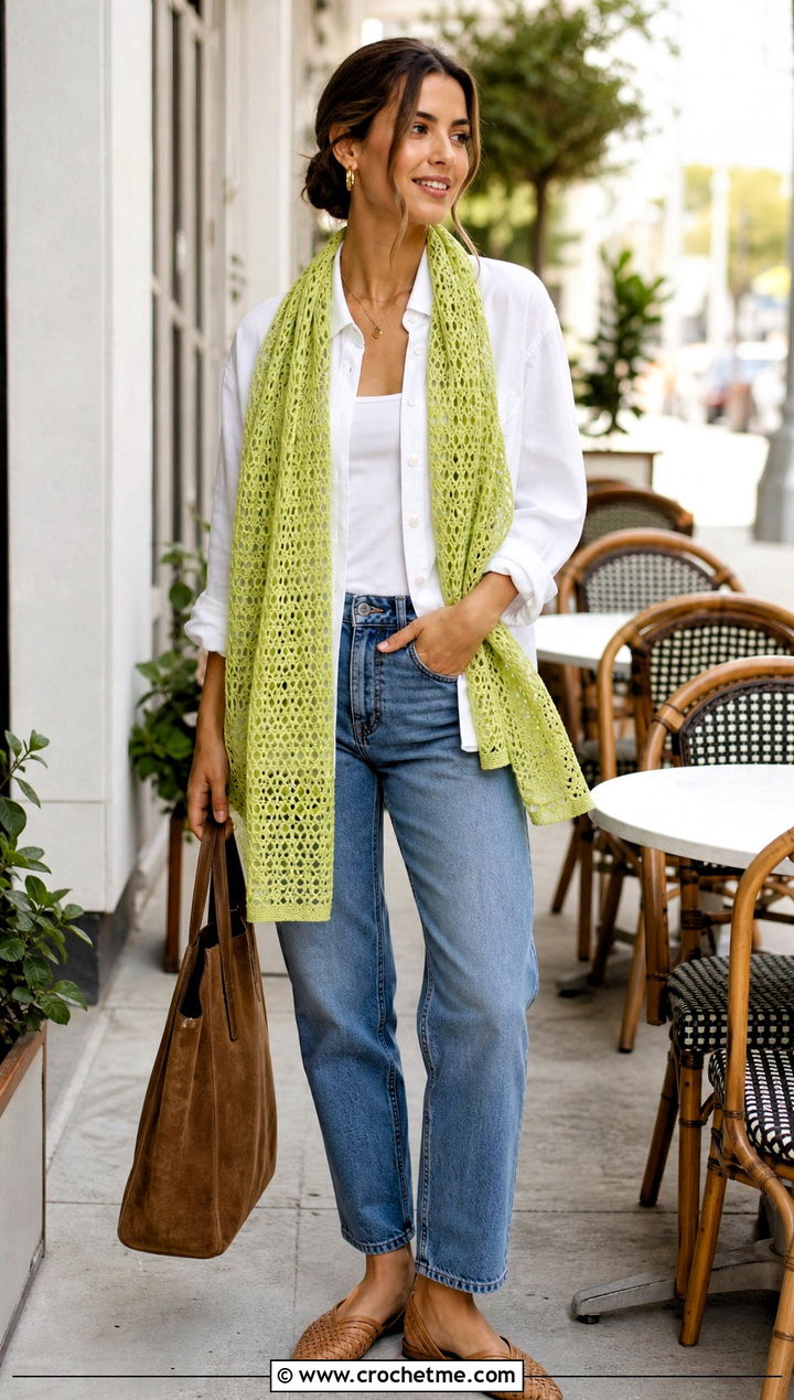 Lace Mesh Crochet Scarf With Linen Shirt And Jeans - 35 crochet scarves outfit ideas