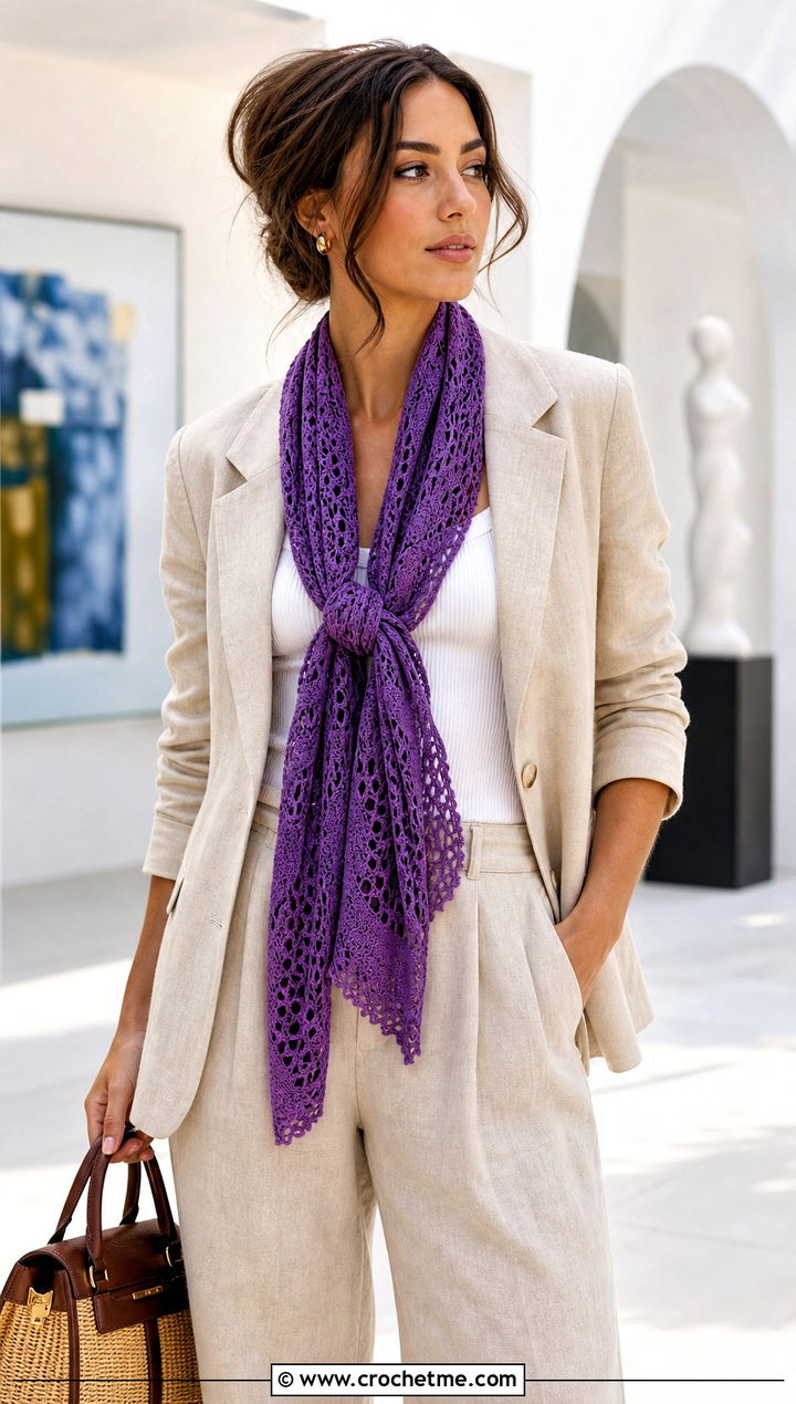 Lace Mesh Crochet Scarf With Linen Suit And Loafers - 25 Crochet Mesh Scarf outfit ideas