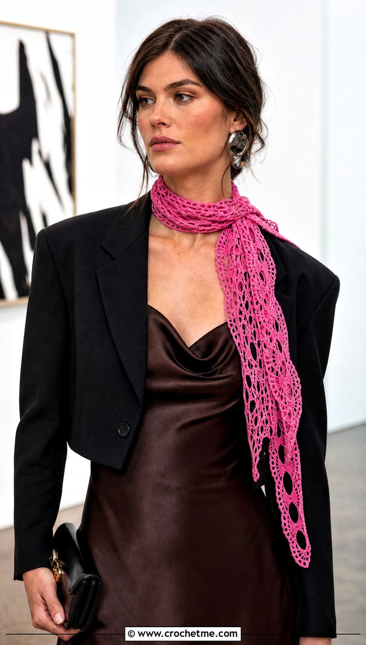 Lace Mesh Crochet Scarf With Satin Slip Dress - 15 Small Neck Crochet Scarf outfit ideas
