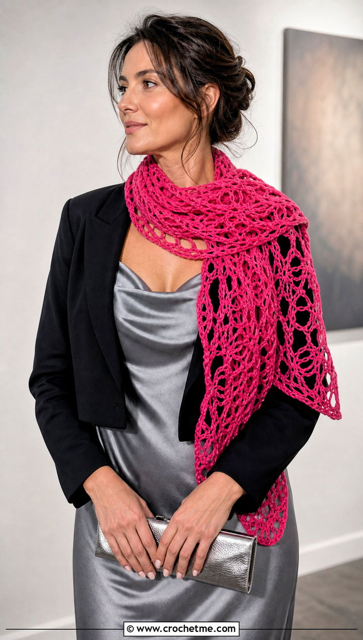 Lace Mesh Crochet Scarf With Satin Slip Dress - 20 Crochet Textured Scarf outfit ideas