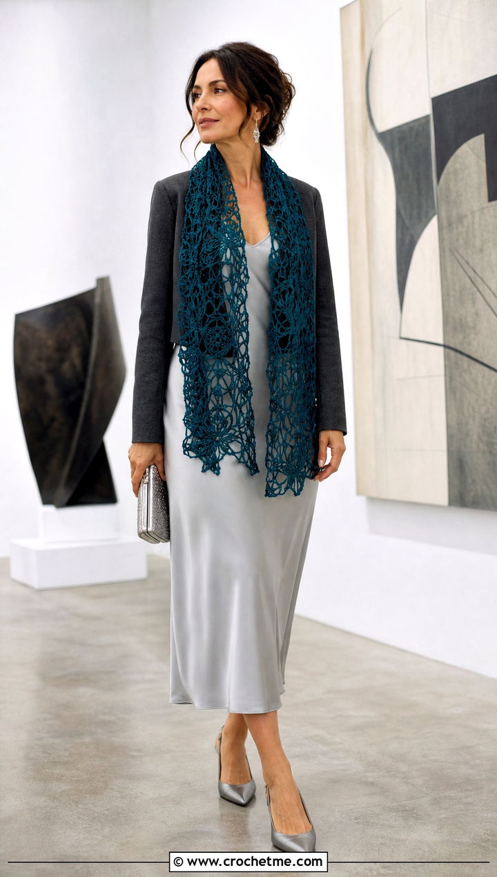 Lace Mesh Crochet Scarf With Satin Slip Dress - 35 small crochet scarf outfit ideas