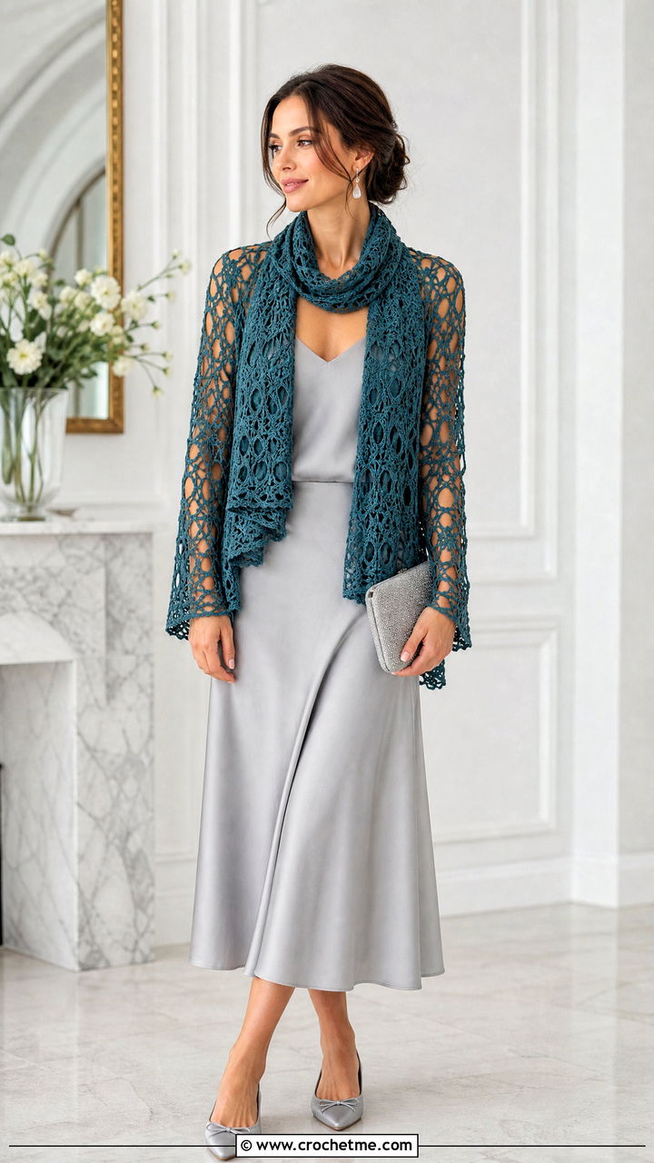 Lace Mesh Crochet Scarf With Sleeves And Satin Midi Skirt - 35 crochet scarf with sleeves outfit ideas