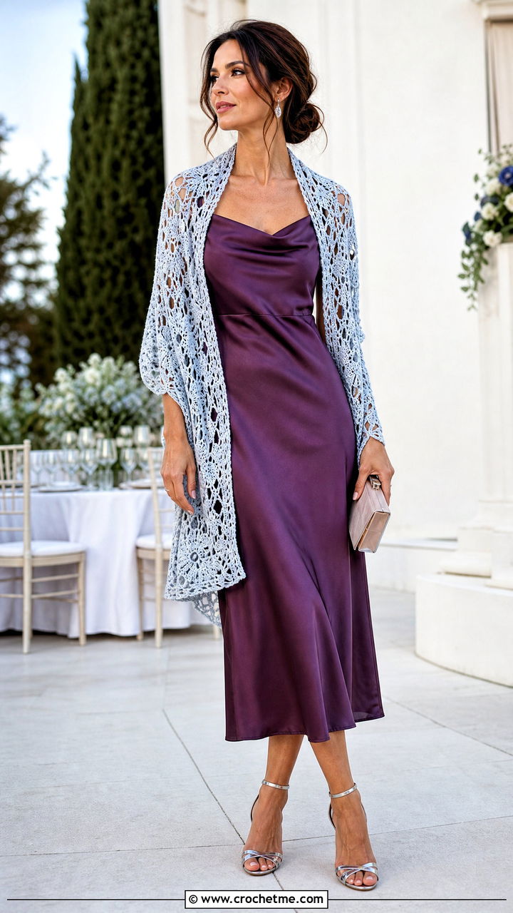 Lace Mesh Crochet Scarf With Slip Dress - 35 easy crochet scarf outfit ideas