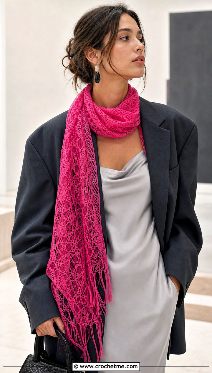 Lace Mesh Crochet Scarf With Slip Dress - 25 Beautiful Crochet Scarf outfit ideas