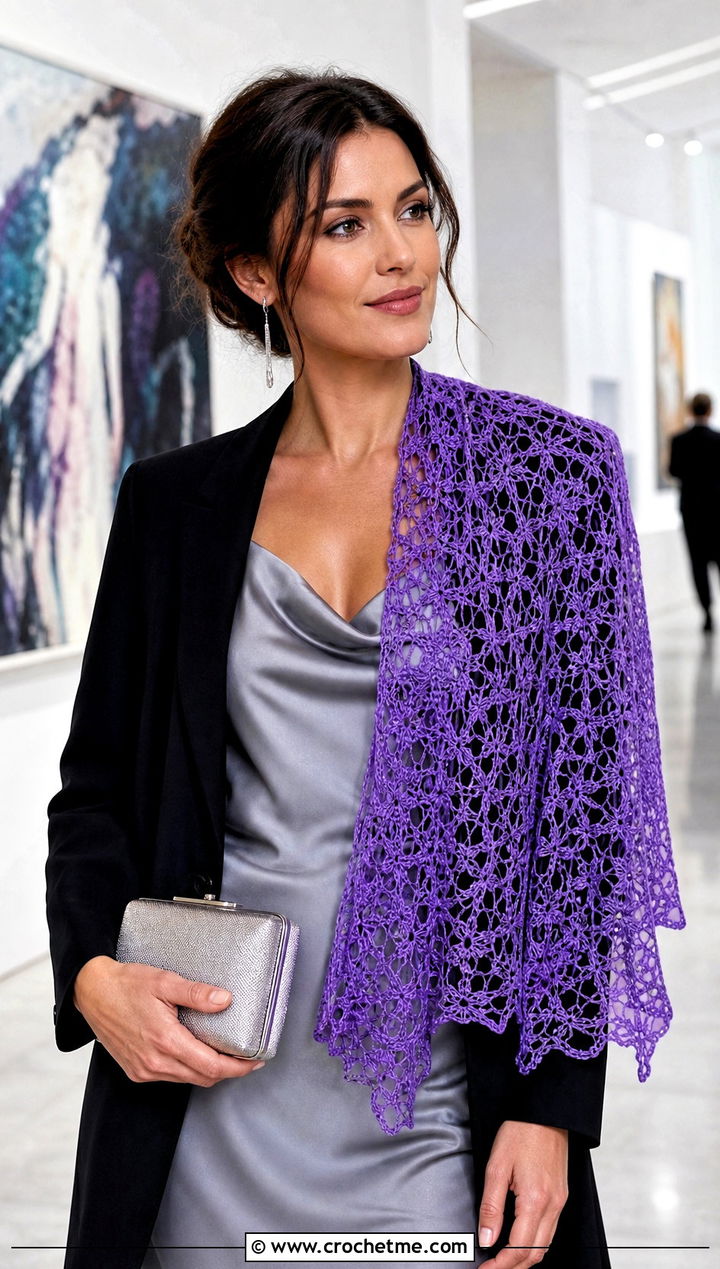 Lace Mesh Crochet Scarf With Slip Dress And Blazer - 35 fun crochet scarf outfit ideas