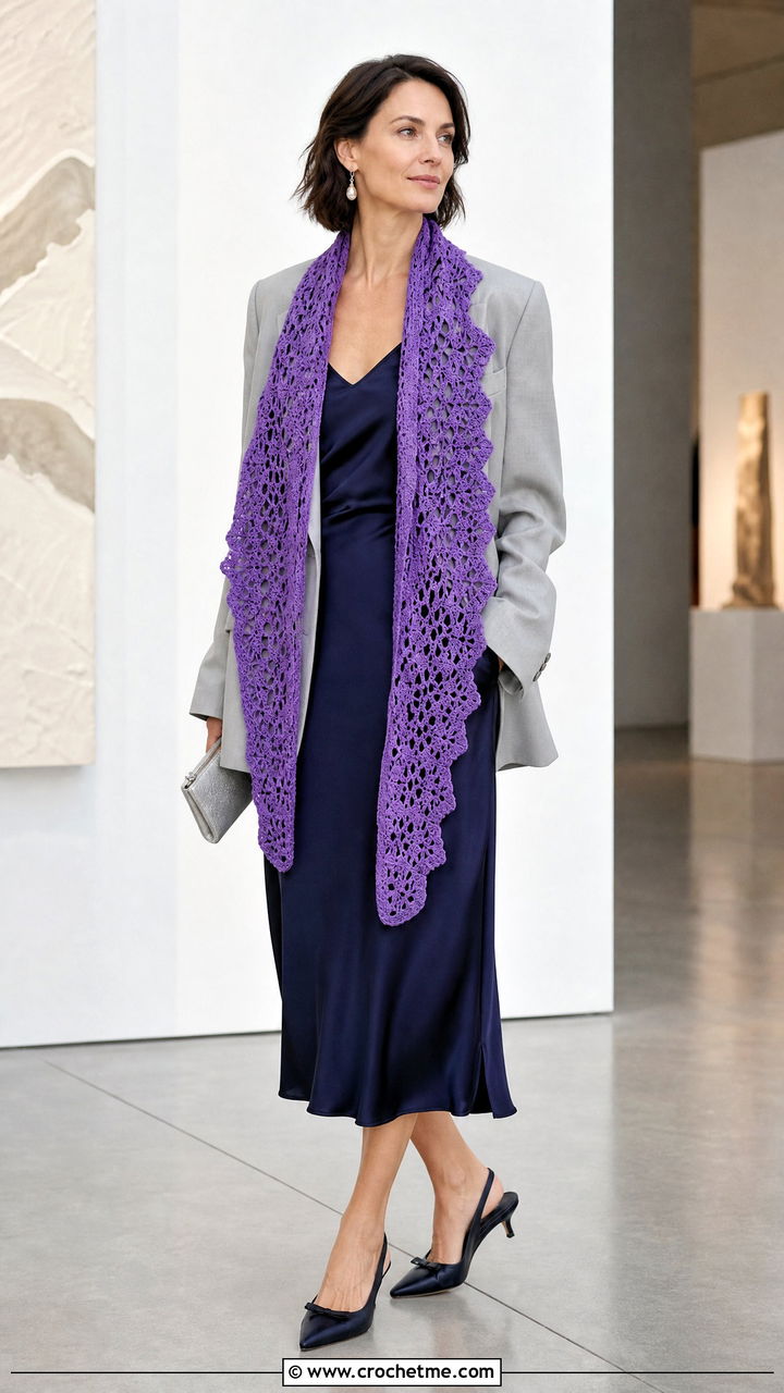 Lace Mesh Crochet Scarf With Slip Dress and Blazer - 35 easy one skein crochet scarf outfit ideas