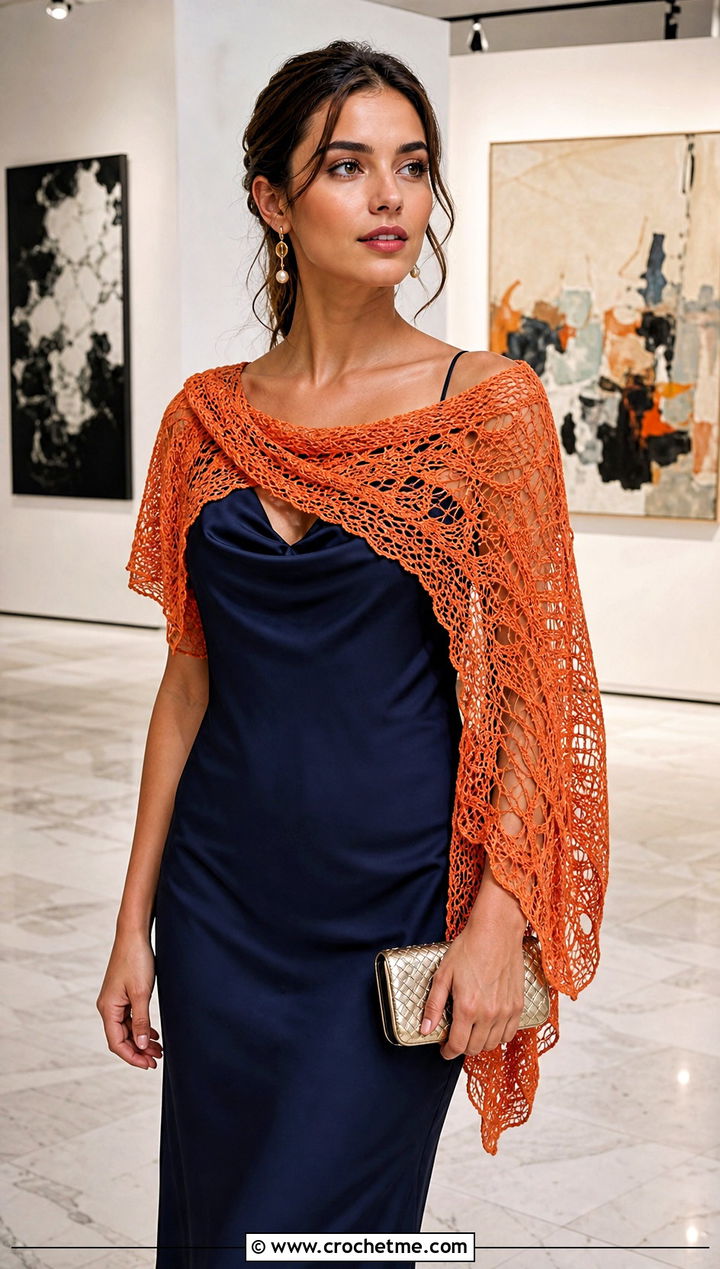 Lace Mesh Crochet Scarf With Slip Dress - 30 easy crochet scarfs outfit ideas
