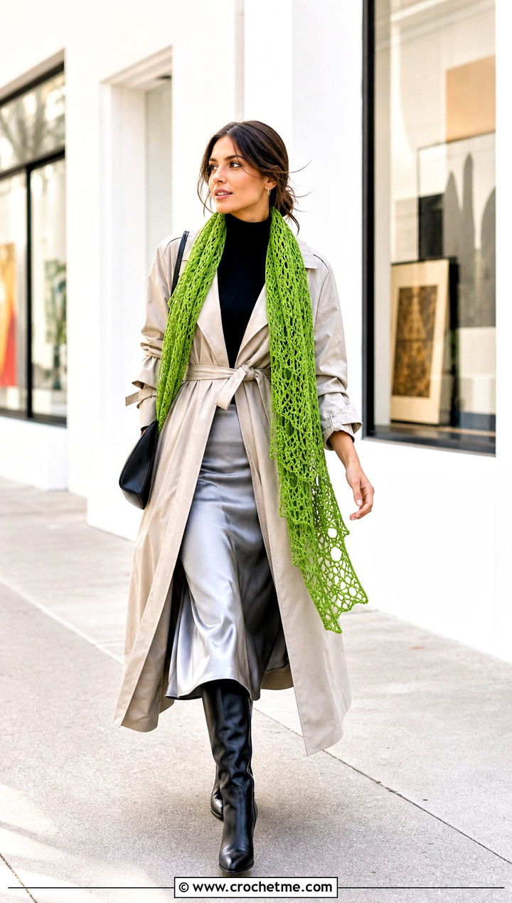 Lace Mesh Crochet Scarf With Trench Coat and Midi Skirt - 35 Winter Crochet Scarf outfit ideas