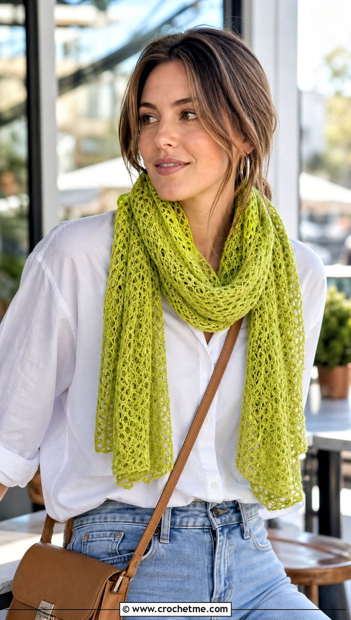 Lace Mesh Crochet Scarf With White Shirt and Jeans - 15 Light Crochet Scarf outfit ideas
