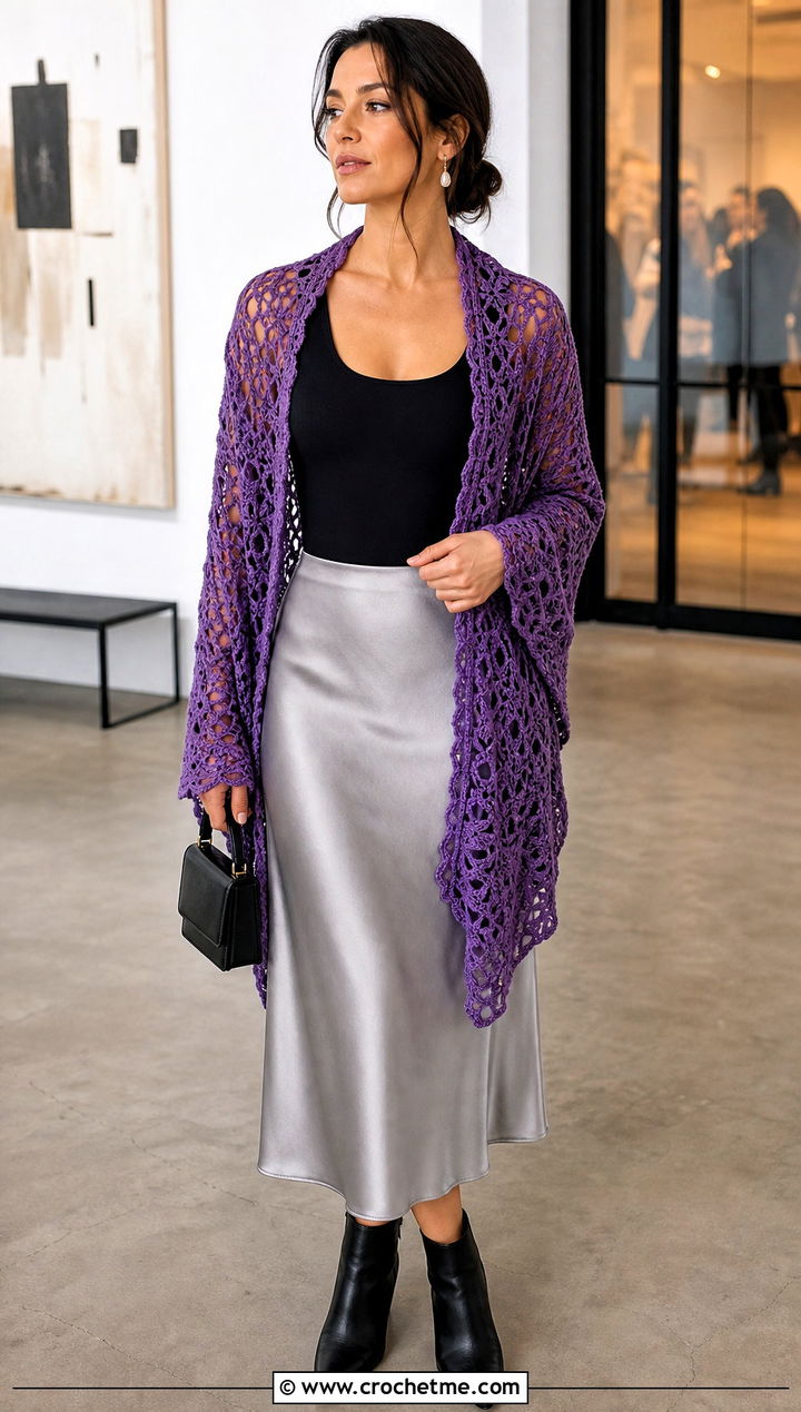 Lace Mesh Crochet Shawl With Satin Midi Skirt - 30 winter crochet shawl outfit ideas