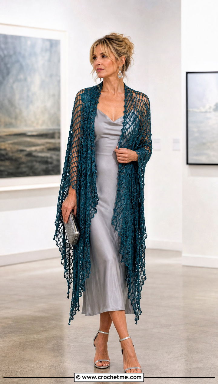 Lace Mesh Crochet Shawl With Satin Slip Dress - 25 Stevie Nicks Crochet Shawl outfit ideas
